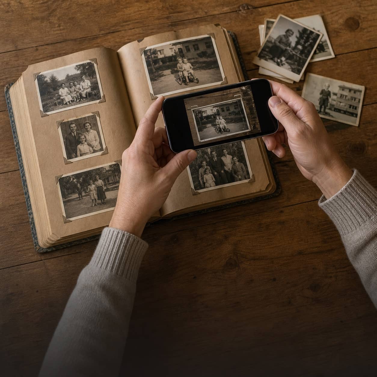 Hands holding a phone above an open family album, photographing one print at a time to save it.