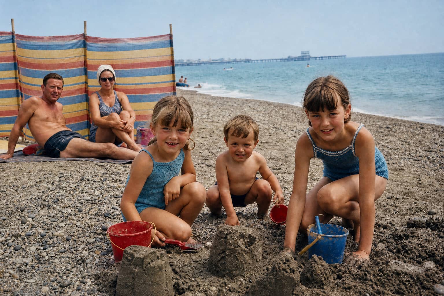 The same beach photo after restoration, with the colour back and the crease gone.