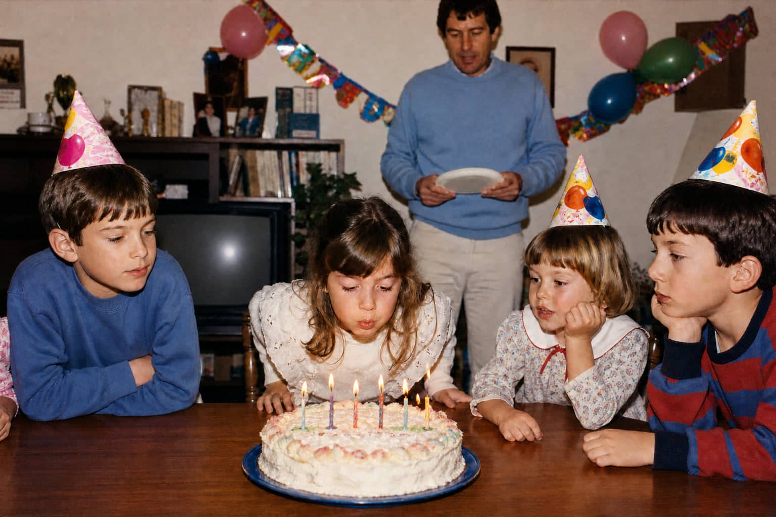 The same birthday photo after restoration: the tear repaired, the colour back, the children unchanged.