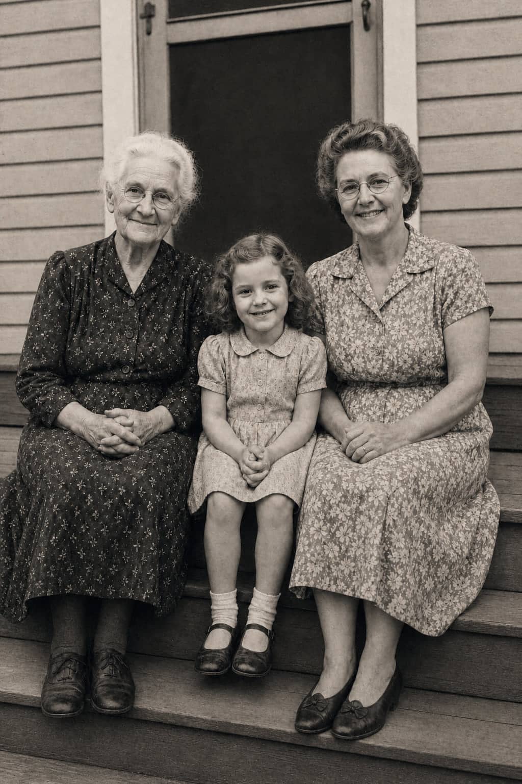Restored 1948 photo of a great-grandmother, grandmother and granddaughter sitting together on wooden porch steps.