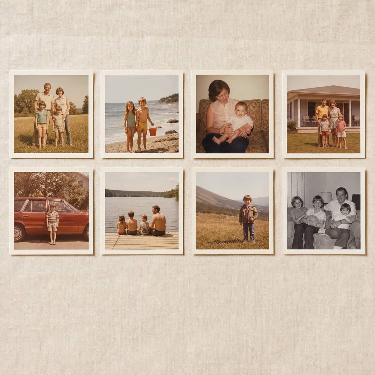A grid of vintage family prints laid out on linen, each one saved as an untouched original.