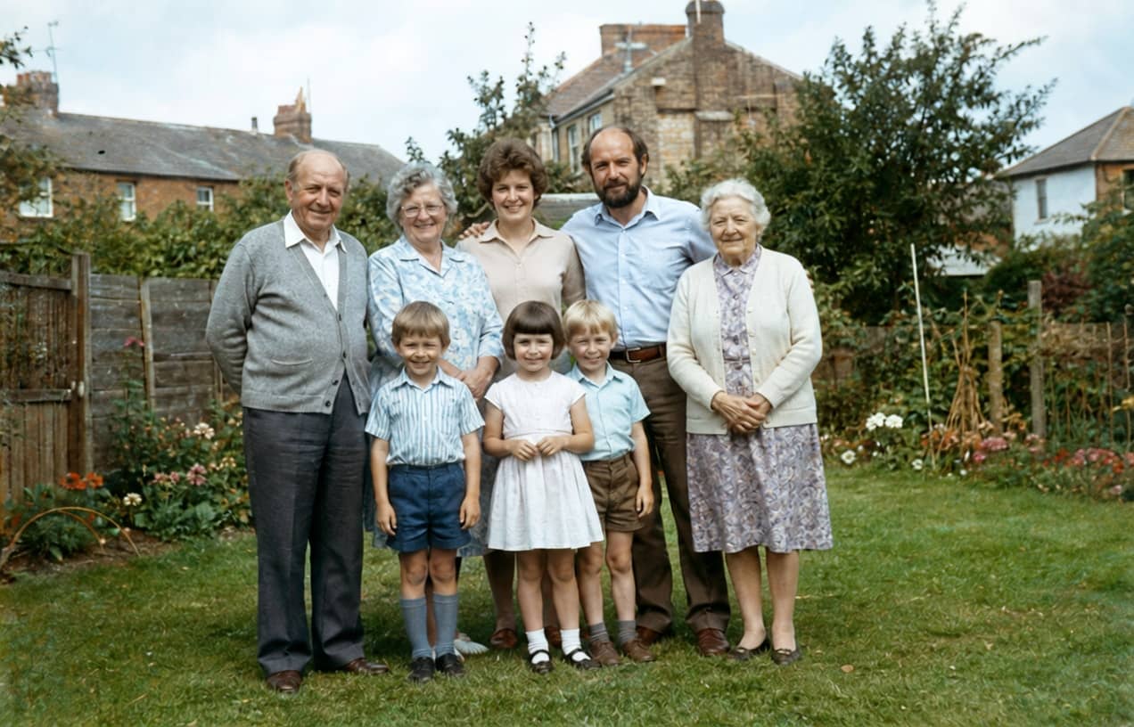 Restored family portrait with clearer detail and natural color