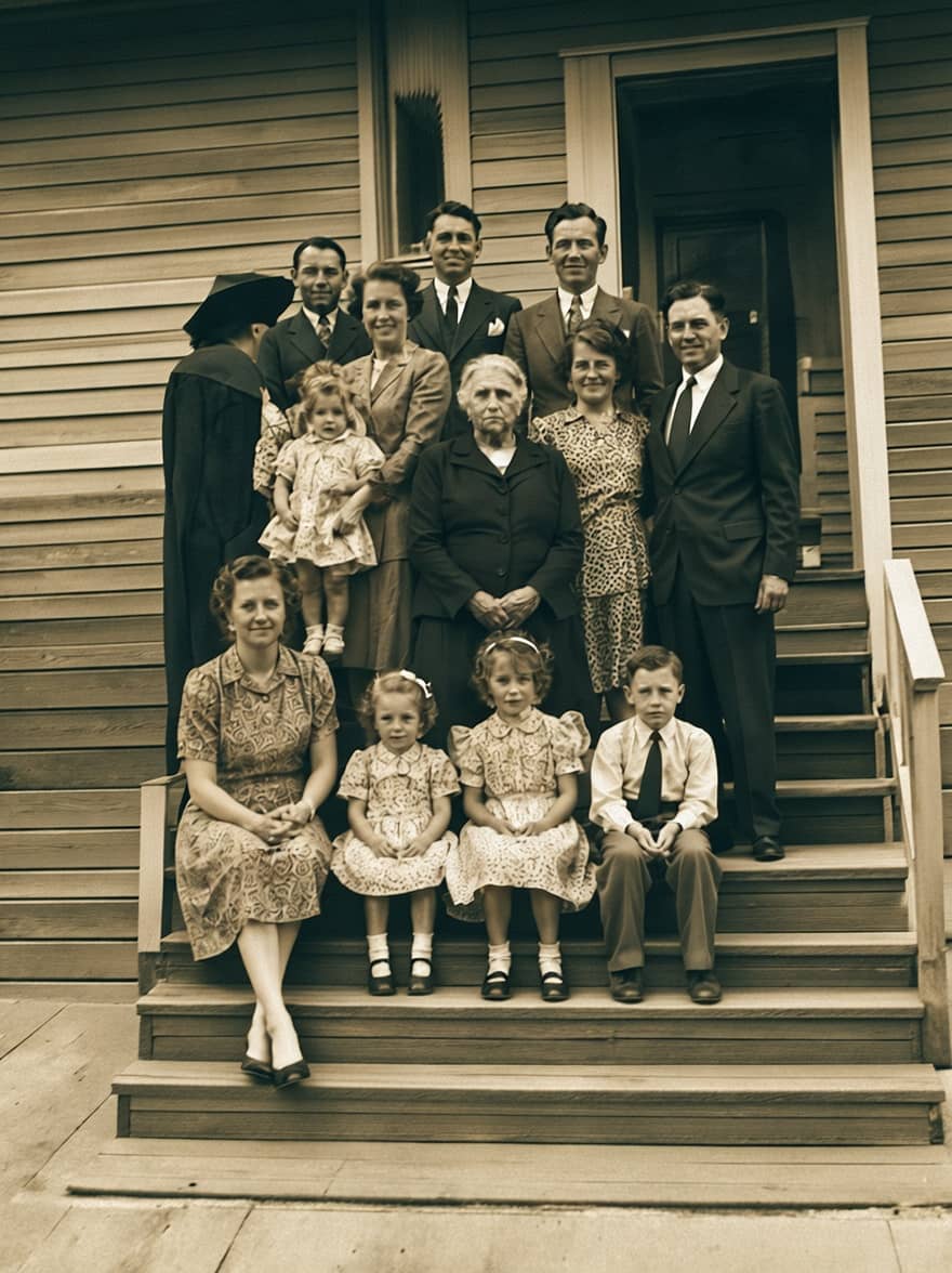 Years of staining lifted from a family portrait. after restoration