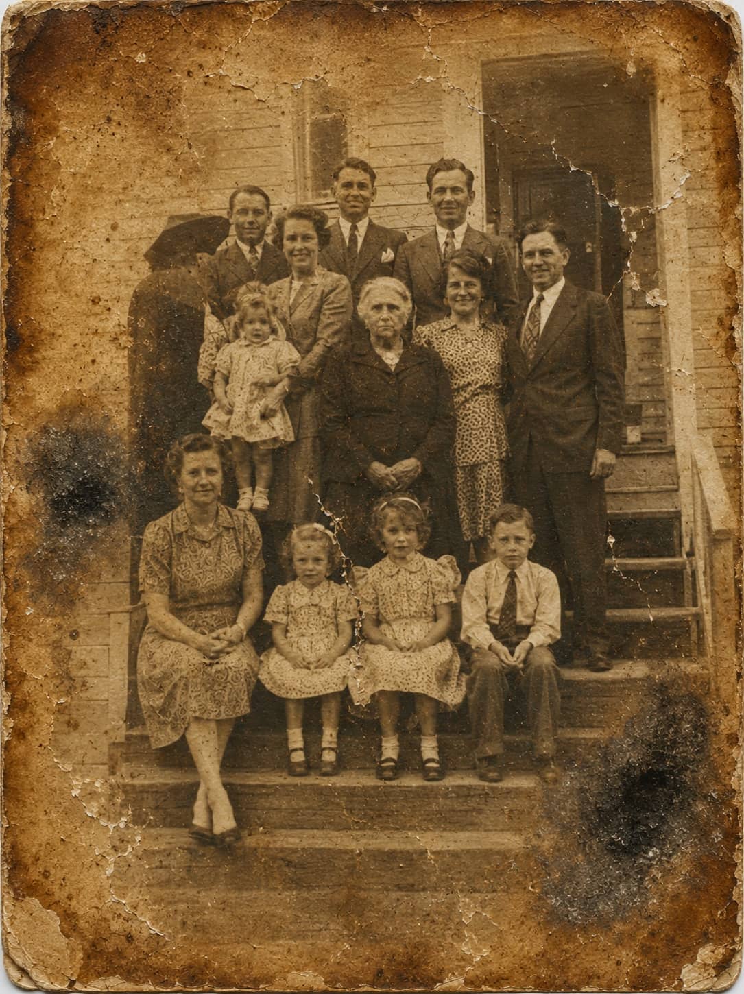Years of staining lifted from a family portrait. before restoration