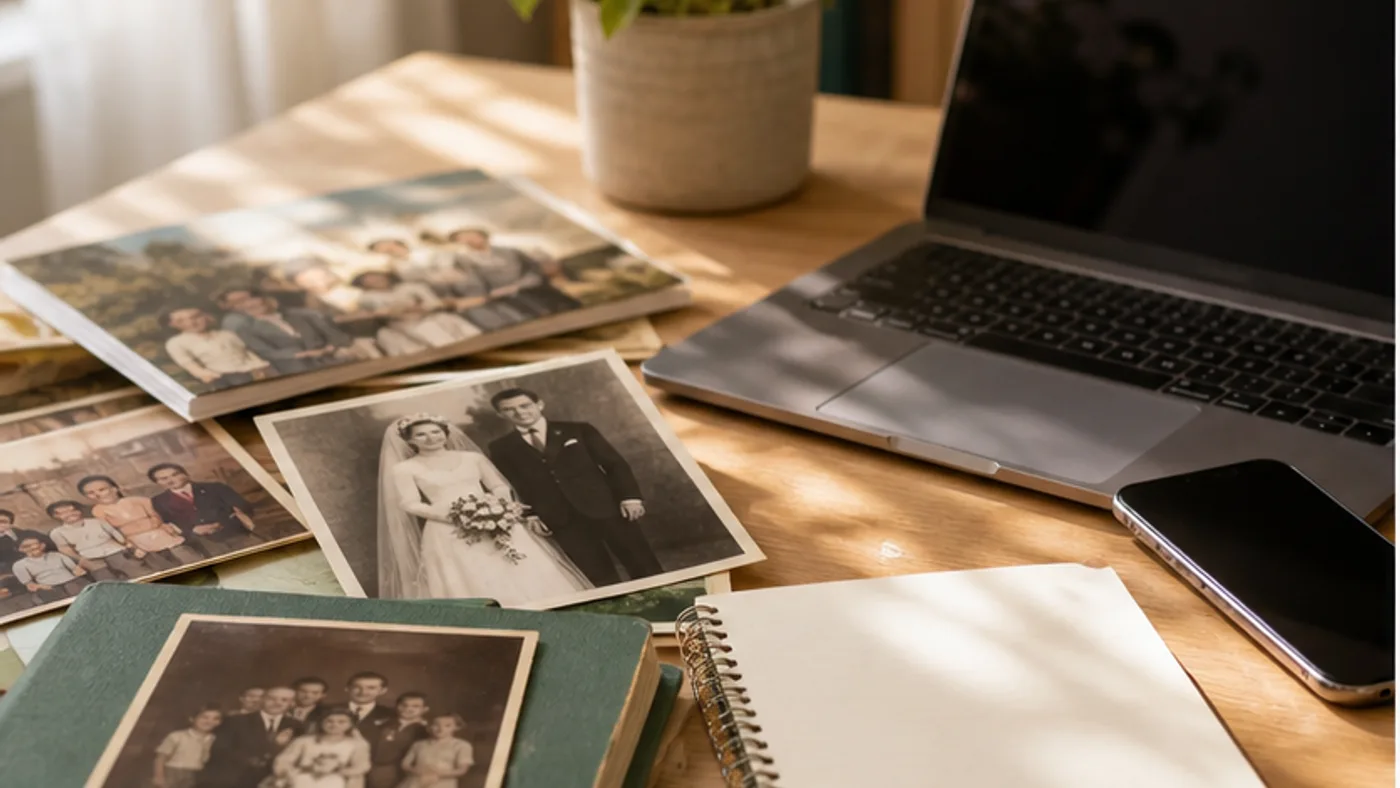 Old family photos beside a laptop and phone while comparing photo enhancement tools.